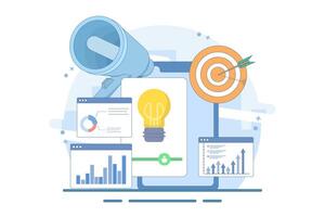 Business Idea Graphic Information Concept. Business Idea Concept Design. Checking information with magnifying glass. Flat design illustration on background. vector