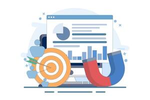 Target audience concept. Placing ads on social networks in smartphone applications. Customer reach, digital marketing, business goals, sales gain. Modern flat cartoon style. Flat design illustration. vector