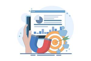 Target audience concept. Placing ads on social networks in smartphone applications. Customer reach, digital marketing, business goals, sales gain. Modern flat cartoon style. vector
