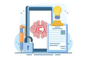 Intellectual property concept. Copyright. Small authors protect legal information ideas with trademarks. Screen templates for landing pages, templates, interfaces, web, mobile apps, posters, banners vector