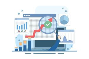 Big Data and Cloud Computing Concept. Businesses use remote servers to analyze large data sets and identify errors. Actionable data concept. Flat on background. vector
