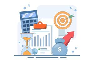 Finance Business Concept, evaluate cost and quality indicators, monitor data graph or monitor diagram results, Flat Illustration Design on background. vector