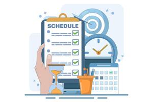 Meeting agenda, goal concept to be completed. Time management, planning project, calendar and pen box, completing work tasks, organizing schedule. Flat design illustration on background. vector