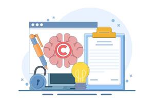 Intellectual property concept. Copyright. Small authors protect legal information ideas with trademarks. Screen templates for landing pages, templates, interfaces, web, mobile apps, posters vector
