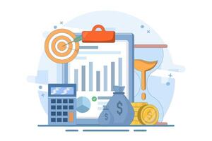 Financial Business Concept, evaluate cost and quality indicators, monitor data graph or monitor diagram results, Illustration. vector