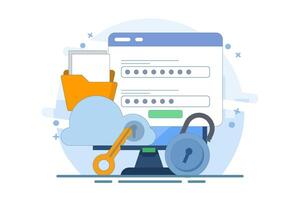 Cloud security system concept, Data stored on secure cloud server, Cloud storage password authentication, Password key security, Flat design illustration vector
