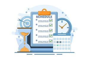 Meeting agenda, goal concept to be completed. Time management, planning project, calendar and pen box, completing work tasks, organizing schedule. Flat illustration. vector