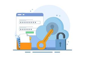 Cloud security system concept, Data stored on secure cloud servers, Cloud storage password authentication, Password key security. vector