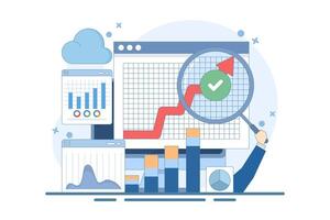Big Data and Cloud Computing Concept. Businesses use remote servers to analyze large data sets and identify errors. Actionable data concept. Flat illustration on background. vector