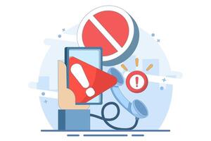 Phone concept with exclamation mark. warning notification. suspicious call, danger and fraud. danger of fraud by phone. symbol or icon. minimalist flat illustration. vector