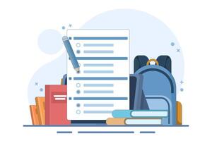 Online education concept, PC Computer with homework paper, pencil, books, school bag on isolated background, digital marketing. flat design illustration on background. vector