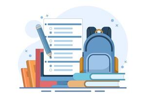 Online education concept, PC Computer with homework paper, pencil, books, school bag on isolated background, digital marketing. flat illustration on background. vector