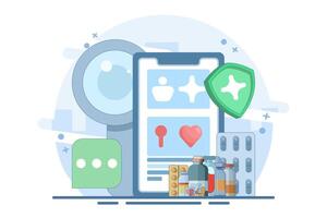telemedicine concept or online health consultation and examination. illustration of a doctor with a mobile health application on a smartphone. technology and services. flat illustration vector