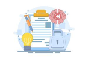 Intellectual property concept. Copyright. Small authors protect legal information ideas with trademarks. Screen templates for landing pages, templates, interfaces, web, mobile vector