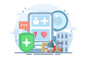 telemedicine concept or online health consultation and examination. illustration of a doctor with a mobile health application on a smartphone. technology and services. flat style design illustration vector