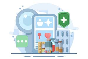 telemedicine concept or online health consultation and examination. illustration of a doctor with a mobile health application on a smartphone. technology and services. vector