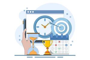 Self-Discipline and Motivation Implementation Concept. Time management, self-management, self-control, target, productivity metaphor. Modern flat cartoon style. Flat design illustration vector
