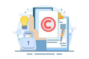 Intellectual property concept. Copyright. Small authors protect legal information ideas with trademarks. Screen templates for landing pages, templates, interfaces, web vector
