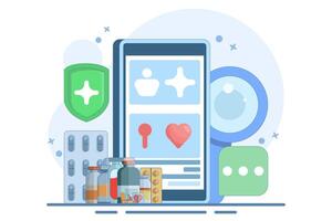 telemedicine concept or online health consultation and examination. illustration of a doctor with a mobile health application on a smartphone. technology and services. flat design illustration vector