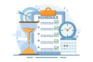 Meeting agenda, goal concept to be completed. Time management, planning project, calendar and pen box, completing work tasks, organizing schedule. Design illustration vector