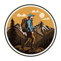 A man with a backpack and hiking poles is walking in the mountains vector