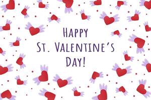 Festive Valentines Day greeting card with flying red hearts, purple wings, and decorative text in a playful style vector