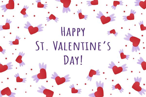 Festive Valentines Day greeting card with flying red hearts, purple wings, and decorative text in a playful style