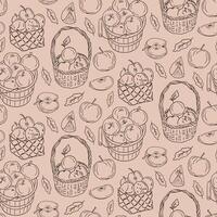 Seamless hand drawn apple pattern with outline baskets, sliced apples, leaves, and a doodle style on soft beige background. vector
