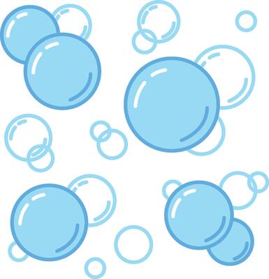 Bright blue flat soap bubbles isolated on white background close up