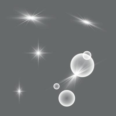 White flashes of light and lights with transparency for overlay on illustration isolated on gray background