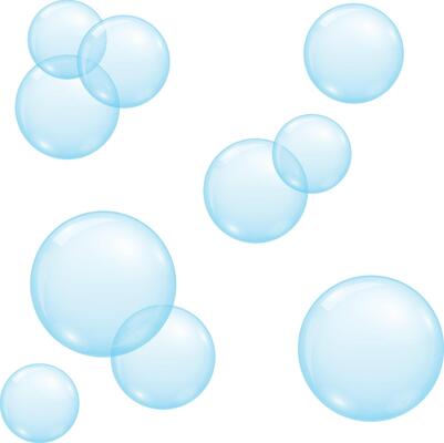 Bright blue transparent soap bubbles isolated on white background close up