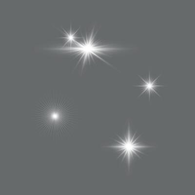 White flashes of light and bright lights with transparency for overlay on illustration isolated on gray background