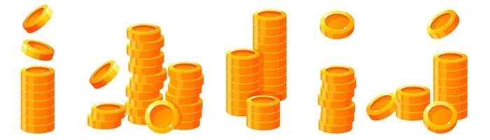 Different stacks of gold coins, coins falling on stacks of coins. Treasures of golden wealth. Stacks of gold coins for savings and dividends, for a game or casino, cash winnings. vector
