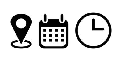 Time, date and address icon set. Clock, calendar, location pin. isolated on white background. Date, Time, location, address icon set. Location, Calendar, Clock silhouette design for app, logo, website vector