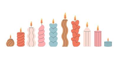 Collection ofdDecorative aromatic candles various shapes and colors. Burning scented candles vector