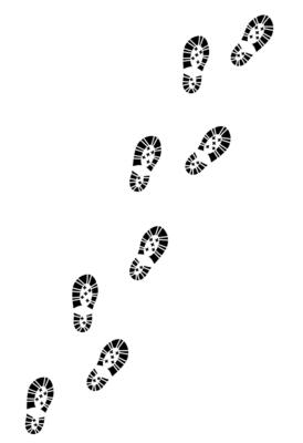 Human footprint, path of footprints in trekking sports shoes, long chain of human footprints on a white background. EPS10