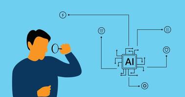 illustration of a person analyzing AI with a magnifying glass, focusing on an AI chip connected to icons representing automation, security, ideas, and energy. Minimalistic tech design vector