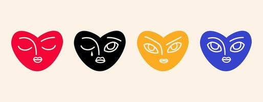 Abstract faces in the shape of a heart. Boho vintage hearts with different emotions. vector