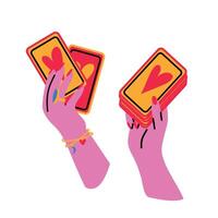The hands hold tarot cards. The fortune teller makes a prediction and reads the cards. vector