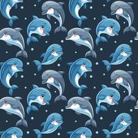 Seamless pattern with cute dolphins on a dark background in cartoon style. vector
