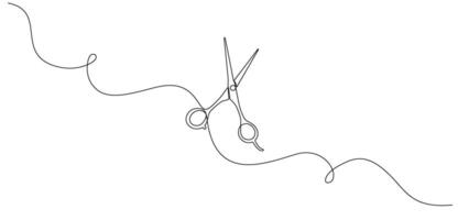 Continuous line drawing of hair scissors in a simple linear style. Great for a hair salon logo or web banner. Editable stroke for customization. Doodle style illustration. vector