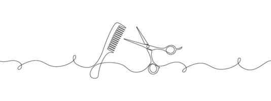 Minimalistic one line drawing of scissors and comb for web banners or hair salon symbols. Editable stroke. doodle illustration . vector