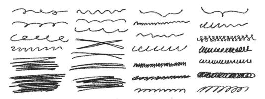 illustrations of markers, brushes and stylized pencil sketches. Chalk strokes, pencil swirls and scribbles. Hand drawn lines, stroke dividers in various patterns. vector