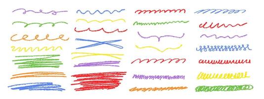 colorful illustrations of markers, brushes and stylized pencil sketches. Colorful chalk strokes, pencil swirls and doodles. Hand drawn lines, stroke dividers in various patterns. vector