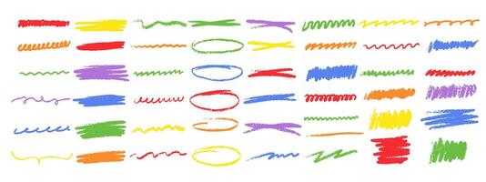 colorful illustrations of markers, brushes and stylized pencil sketches. Chalk strokes, pencil swirls, ovals, circles and redraws . Hand drawn lines, stroke separators in various patterns. vector