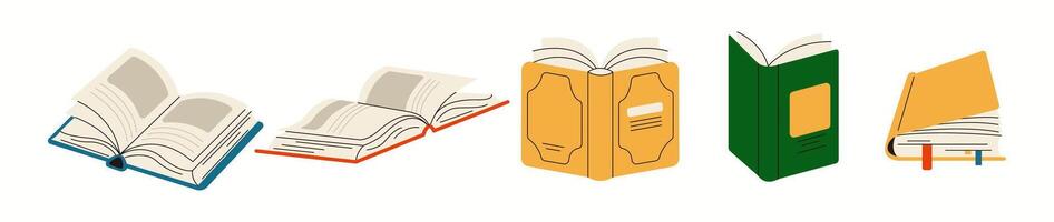 Open books for learning and rest flat color objects set. Different literature works reading illustrations bundle on white background vector