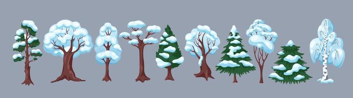 Snowy trees and fir-trees from winter forest flat color objects set. Nature beauty on cold season illustrations bundle on grey background vector