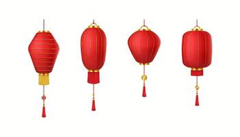 Red Chinese lanterns for New Year holiday realistic color icons set. Traditional Asian lamps with tassels and coins 3d objects bundle on white vector