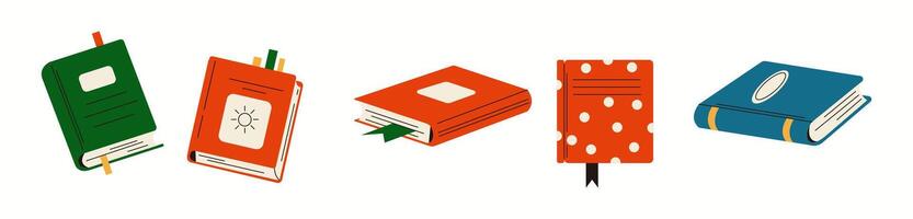 Books and planners with bookmarks flat color objects set. Reading and learning from literature illustrations bundle on white vector