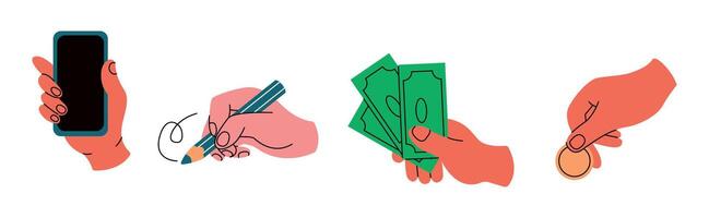 Hands holding money smartphone and pencil flat color icons set. Using various items arms illustrations pack on white background vector